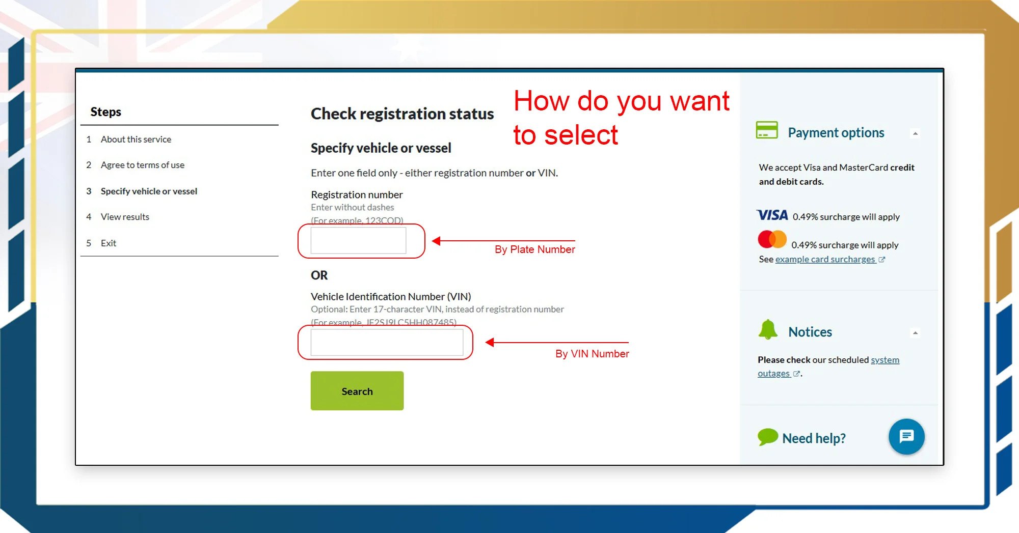 Choose how you want to search (plate or VIN)