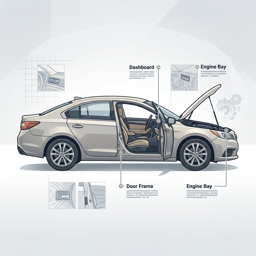 Annotated sedan labeled Dashboard, Engine Bay, Door Frame, and Engine Bay