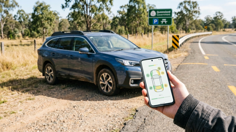 Blue SUV beside a “Queensland Government” parking sign; hand holds inspection app