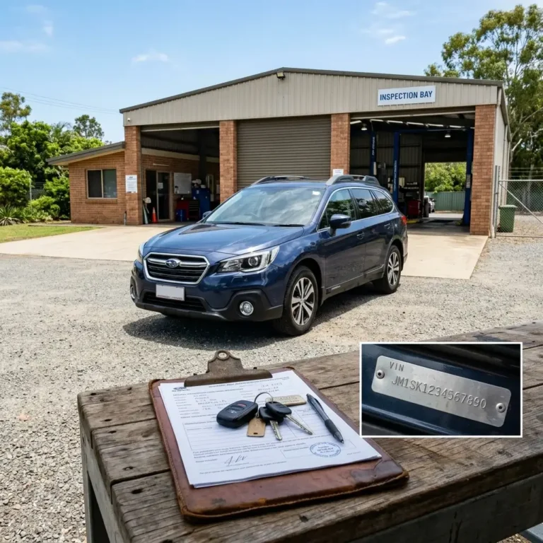 Blue Subaru wagon outside inspection bay with paperwork, keys, and VIN inset